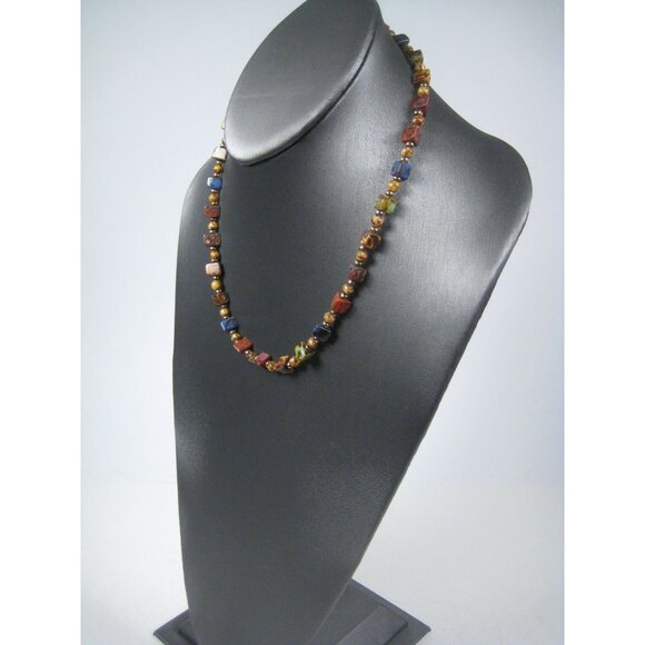 Scottish Speckle Glass Beaded Necklace 18 In Beads FAUX Agate Goldtone - Picture 6 of 9